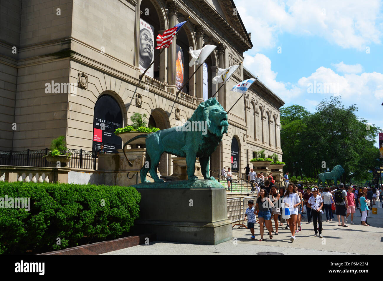 L'iconico lions guardia fuori l'ingresso principale alla Chicago Art Institute sulla Michigan Avenue. Foto Stock