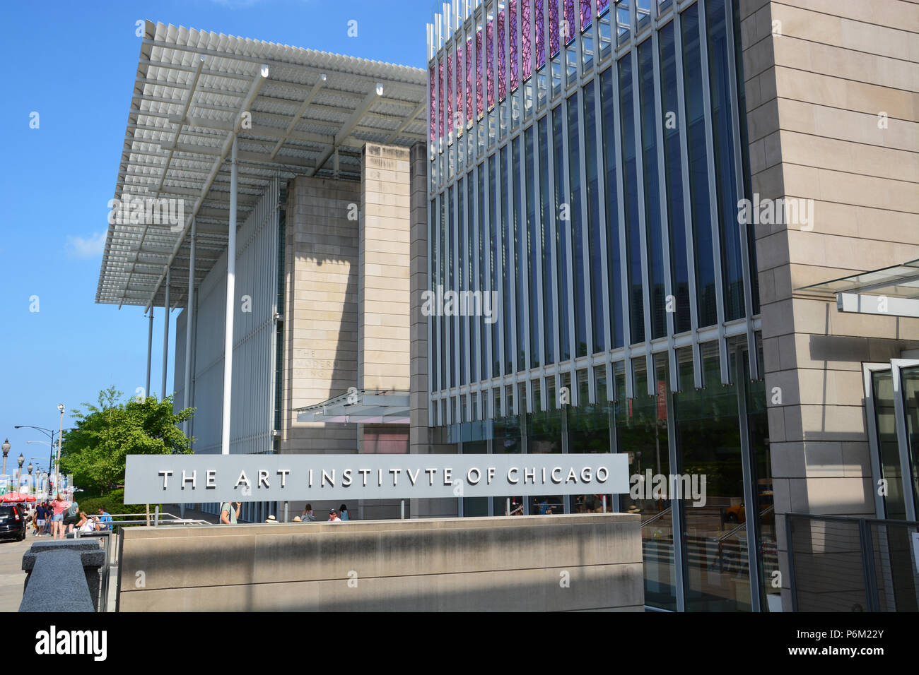 Fuori l'ingresso dell'ala moderna del Chicago Art Institute sulla East Monroe Street. Foto Stock