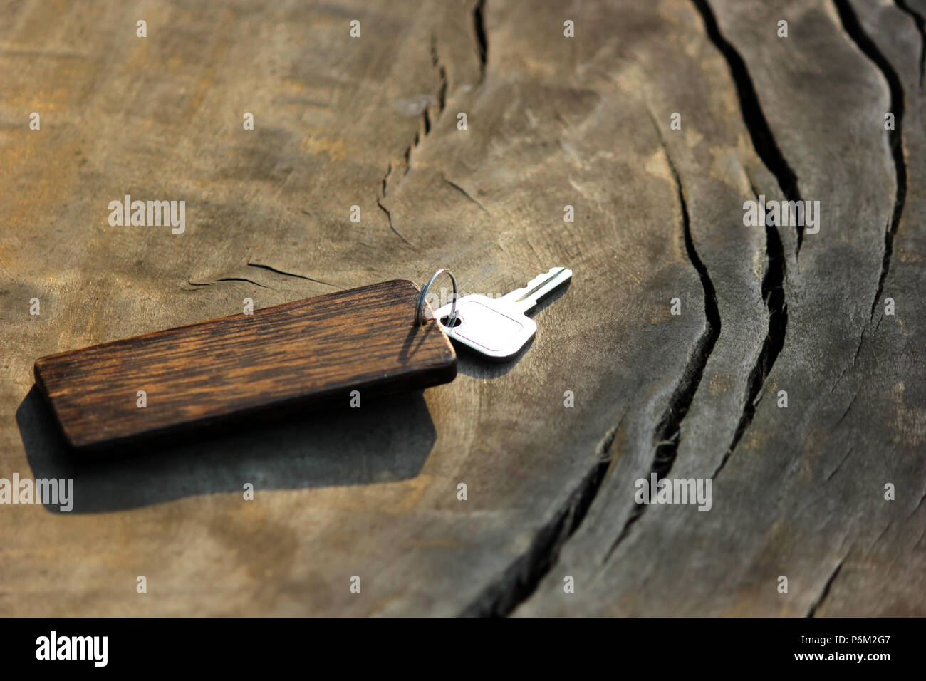 La porta di metallo chiave con chiave in legno catena sul tavolo di legno Foto Stock