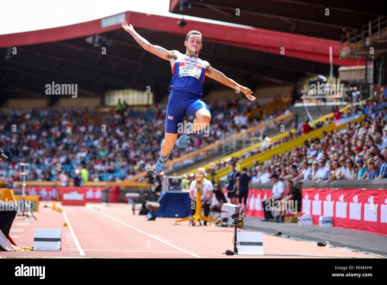 Alexander Stadium, Birmingham, Regno Unito. 1 Luglio, 2018. Il Muller British atletica; Giacobbe Fincham-Dukes (GBR) nel salto in lungo Credito: Azione Sport Plus/Alamy Live News Foto Stock