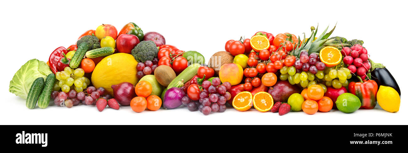 Grande raccolta sani frutti, ortaggi, frutti di bosco, isolati su sfondo bianco. Foto Stock