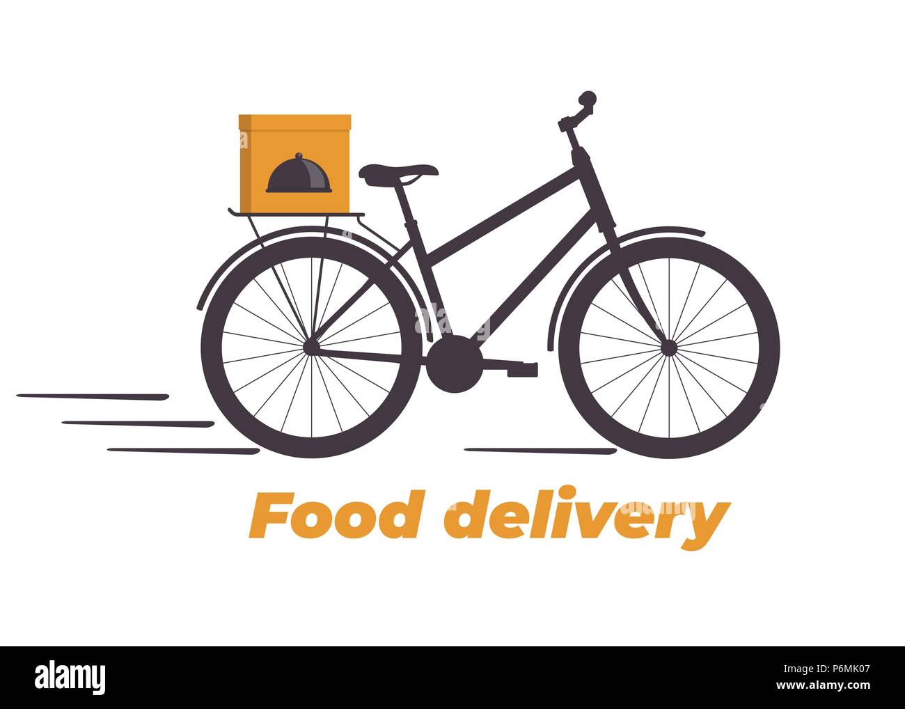 Consegna del cibo design. Bicicletta con box sul tronco. Il cibo del servizio di consegna del logo. Consegna rapida. Appartamento illustrazione vettoriale Illustrazione Vettoriale