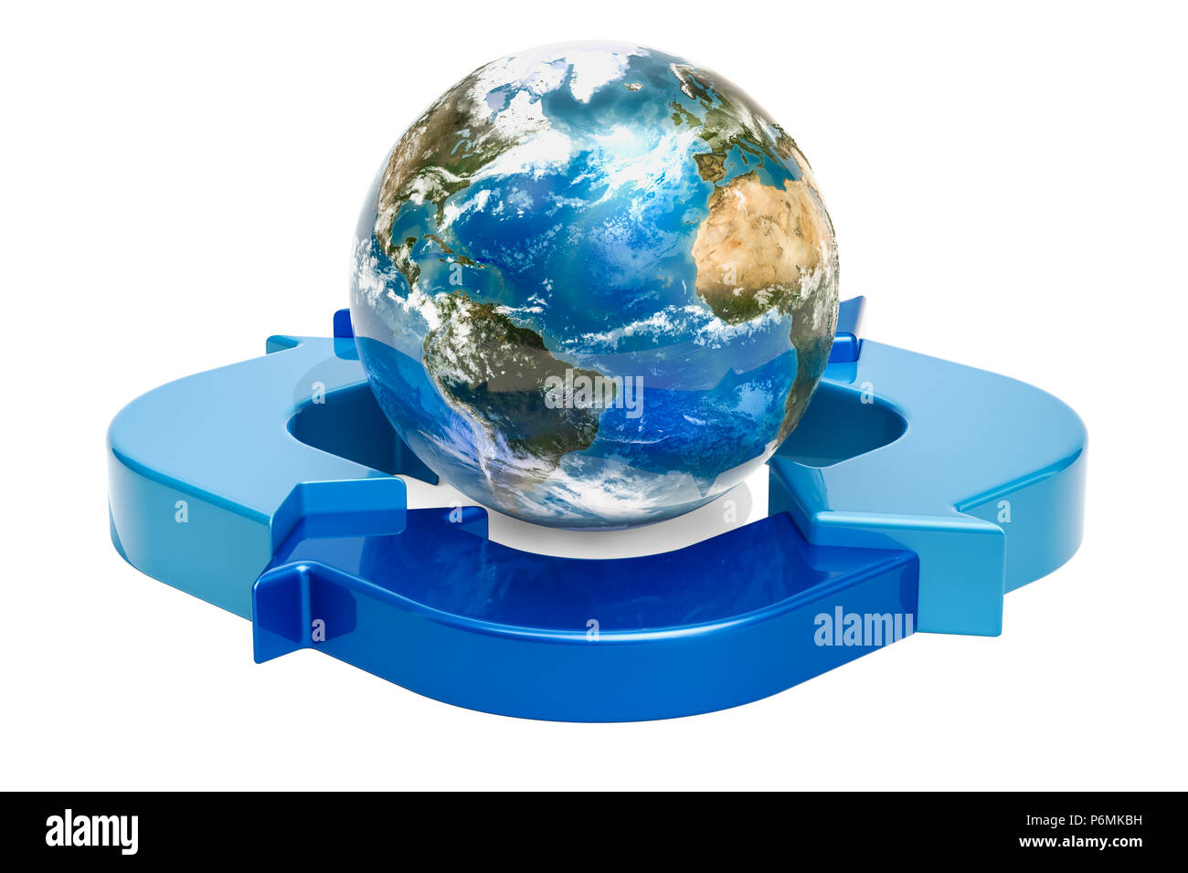 Globo terrestre con schema ad anello da frecce di colore blu, rendering 3D Foto Stock