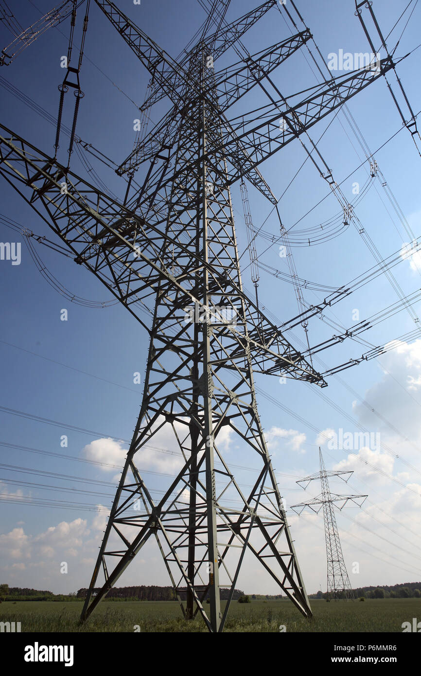 Schoenewalde, Germania, piloni di elettricità Foto Stock