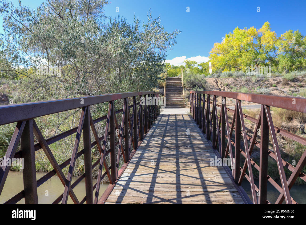 Questo piede il ponte attraversa il fiume Rio Grande, situato presso il Centro Natura Parco Sate di Albuquerque nel New Mexico. Foto Stock