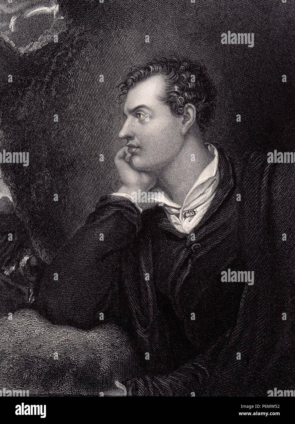 Lord George Noel Gordon Byron (1788-1824), una mano sotto il mento. Poeta inglese. I lavori comprendono il Don Juan, bambino Harold, Assedio di Corinto, Mazeppa. Foto Stock