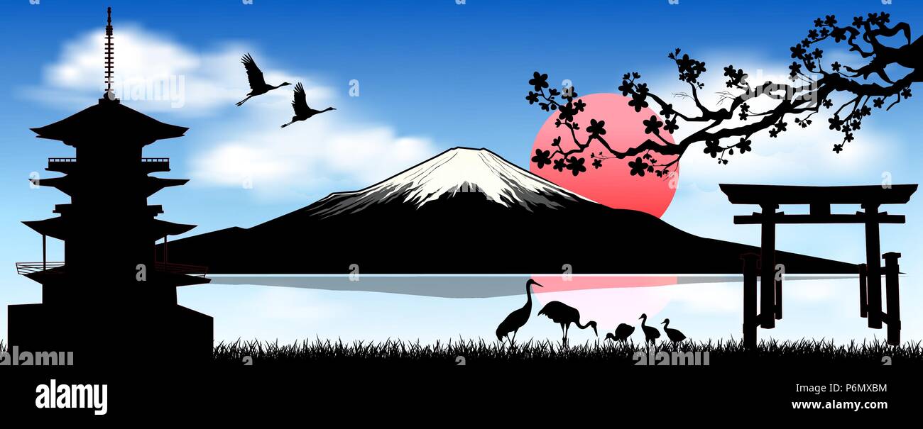 Silhouette del monte Fuji all'alba. Paesaggio, il Monte Fuji. Il monte Fuji contro un cielo blu e nuvole bianche. Illustrazione Vettoriale