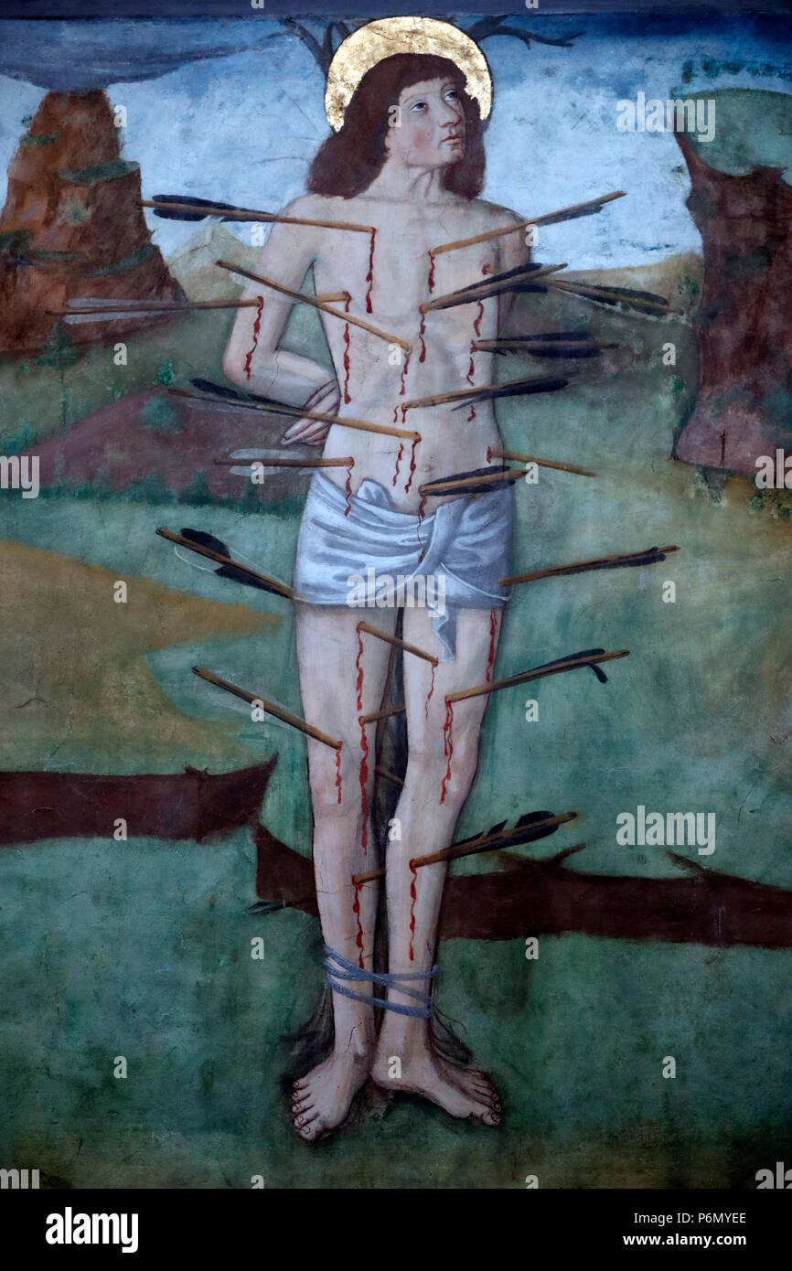 Chiesa di Sant'Orso. Il Martirio di San Sebastiano. Aosta. L'Italia. Foto Stock
