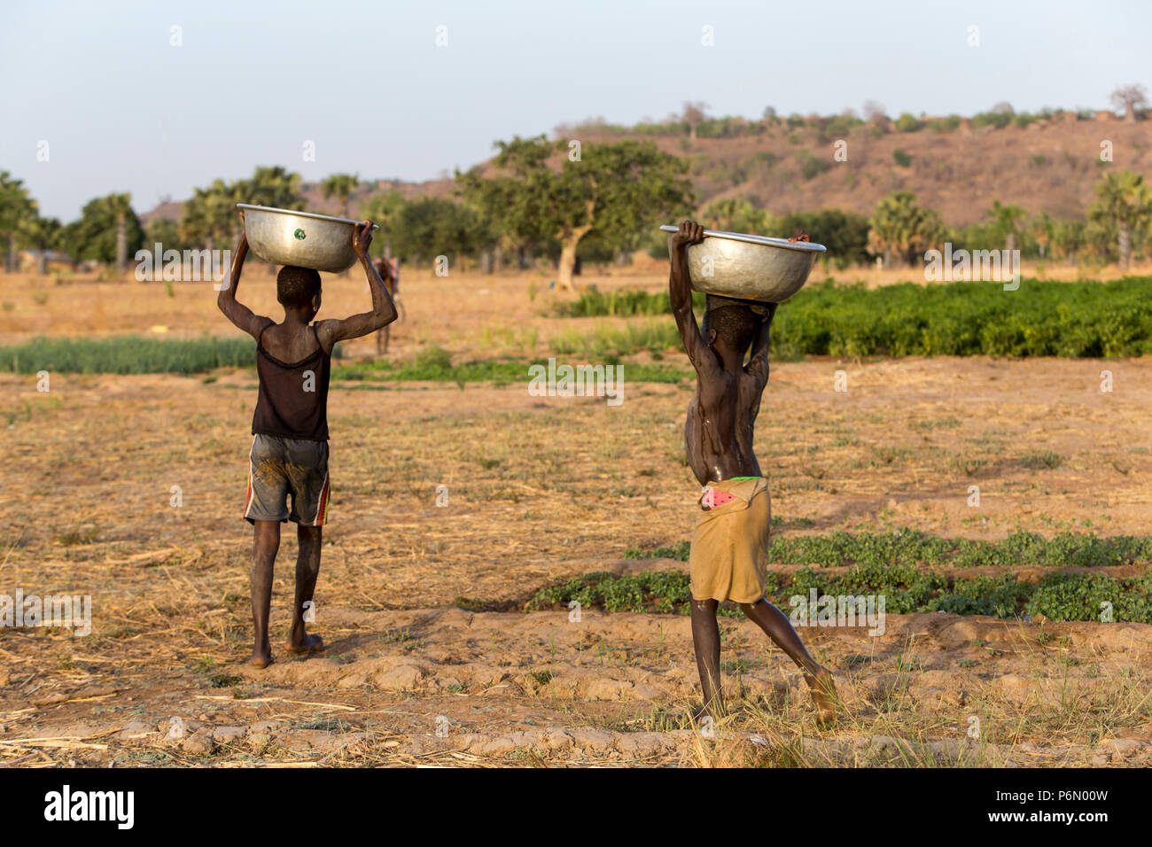 Bambini togolesi che trasportano acqua per irrigazione in Karsome, Togo. Foto Stock