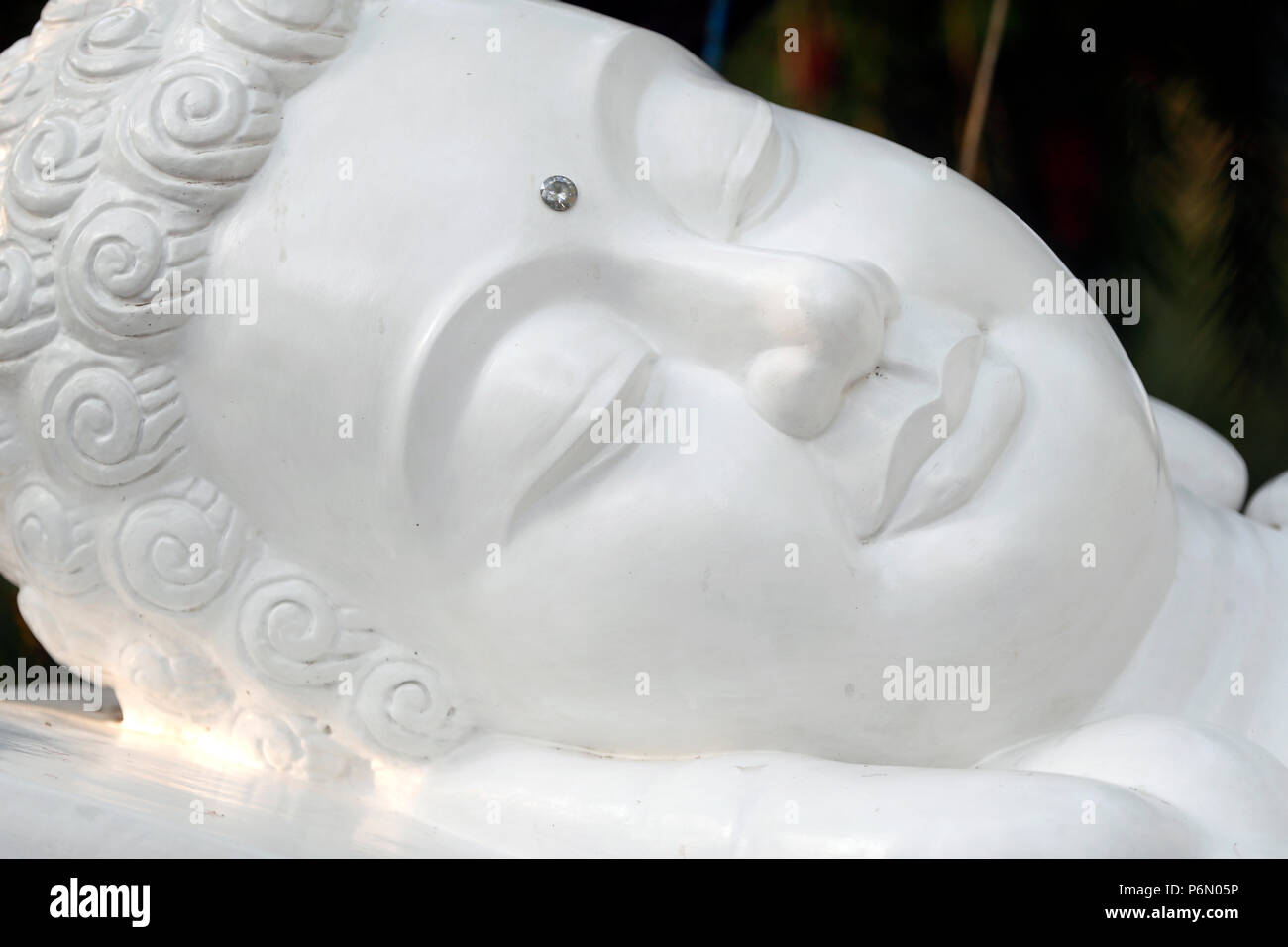 Phuoc Thanh pagoda buddista. Reclining statua del Buddha. Dopo 45 anni di insegnamento il Dharma, il Buddha passati nel parinirvana. In Cai be. Il Vietnam. Foto Stock