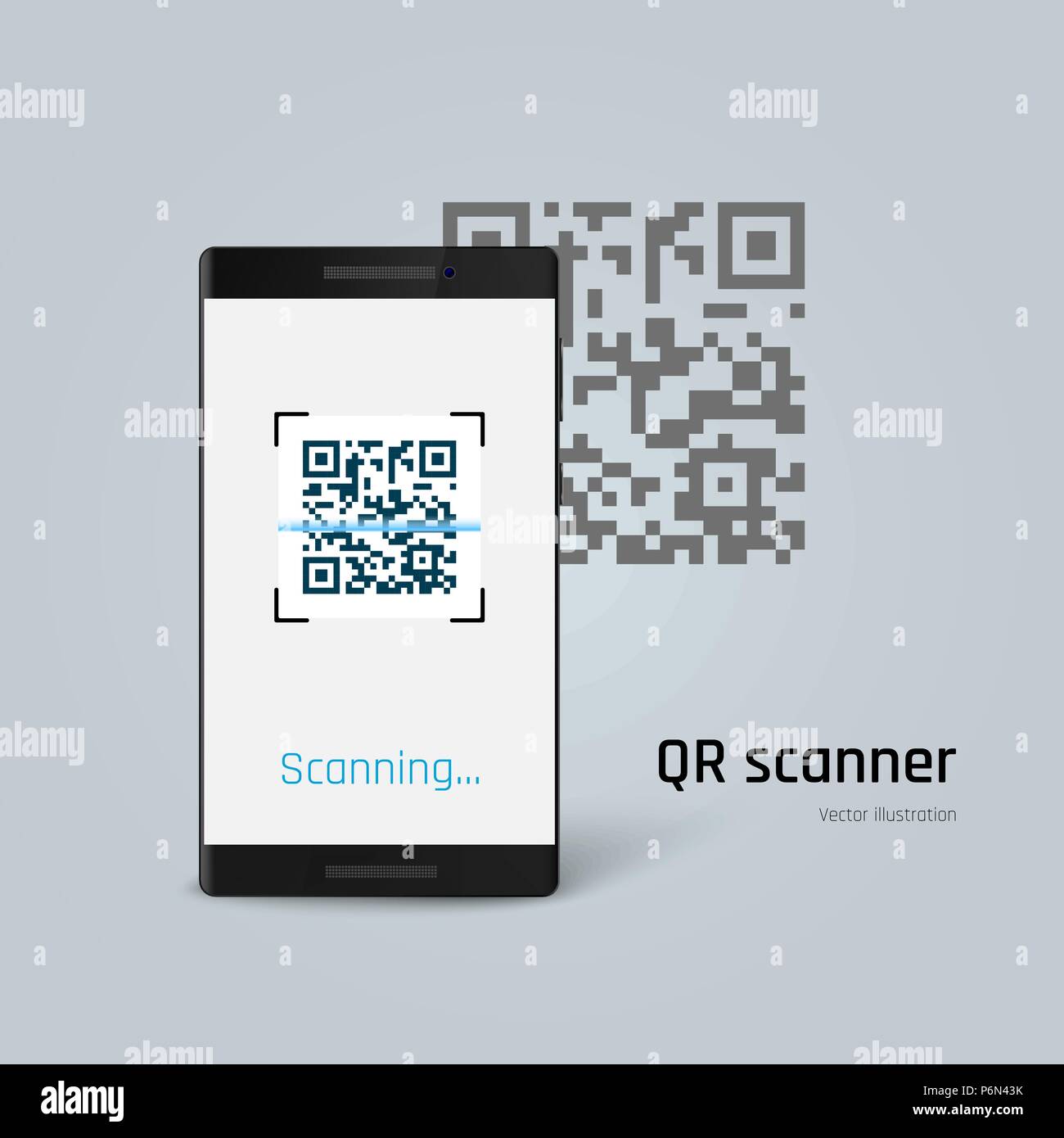 Telefono cellulare di scansione del codice QR. Illustrazione di vettore isolato su sfondo blu Illustrazione Vettoriale