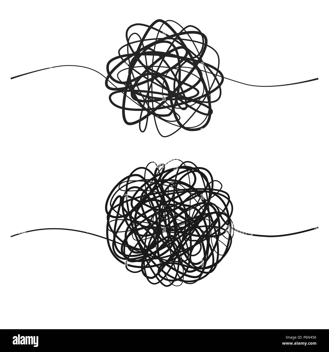 Set di complicata linea nera. Disegnata a mano groviglio di filo aggrovigliato. Disegno astratto sferica scribble forma. Illustrazione di vettore isolato su whi Illustrazione Vettoriale