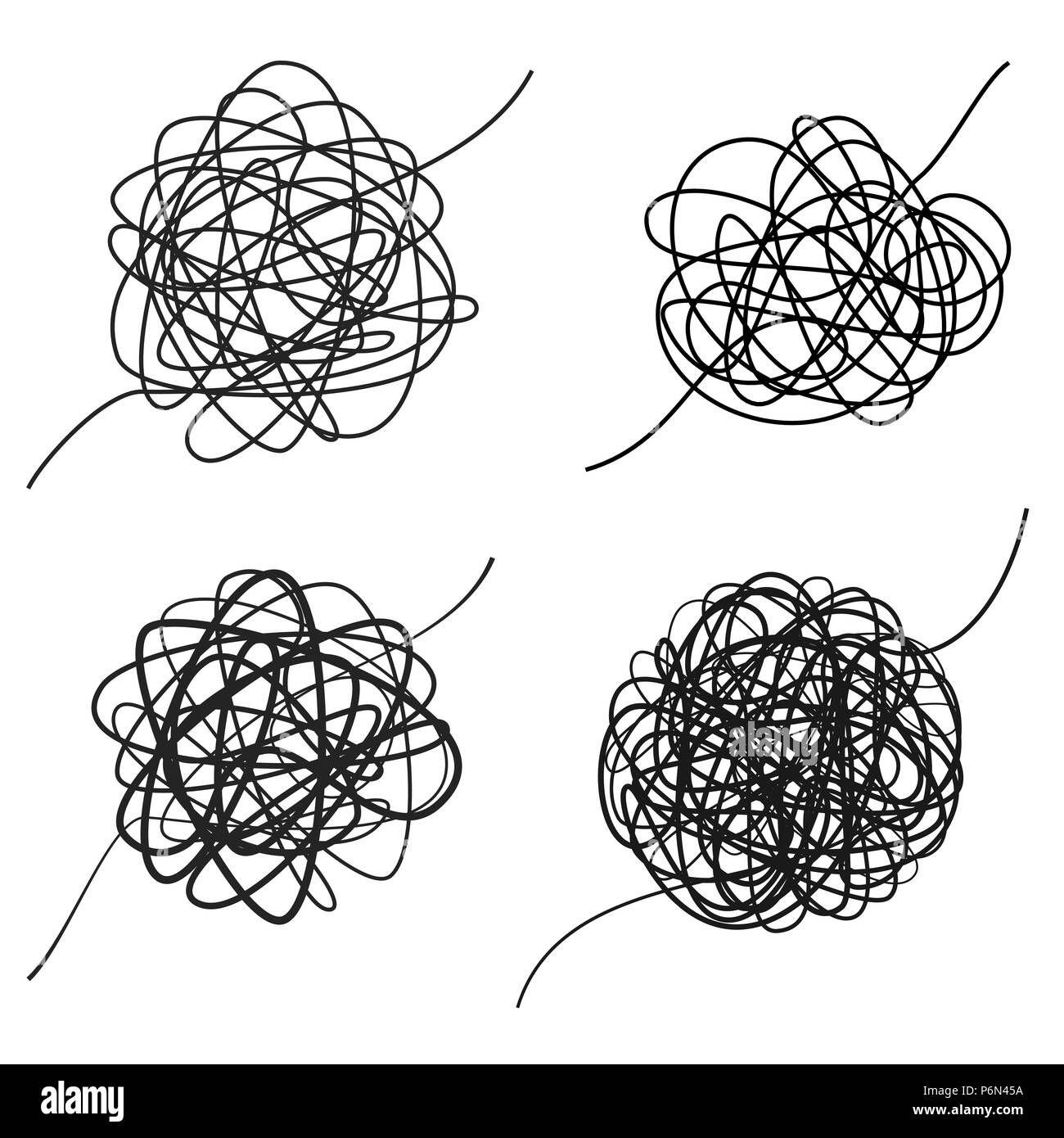 Set di complicata linea nera. Texture caotica. Disegnata a mano groviglio di filo aggrovigliato. Disegno astratto sferica scribble forma. Illustratio vettore Illustrazione Vettoriale