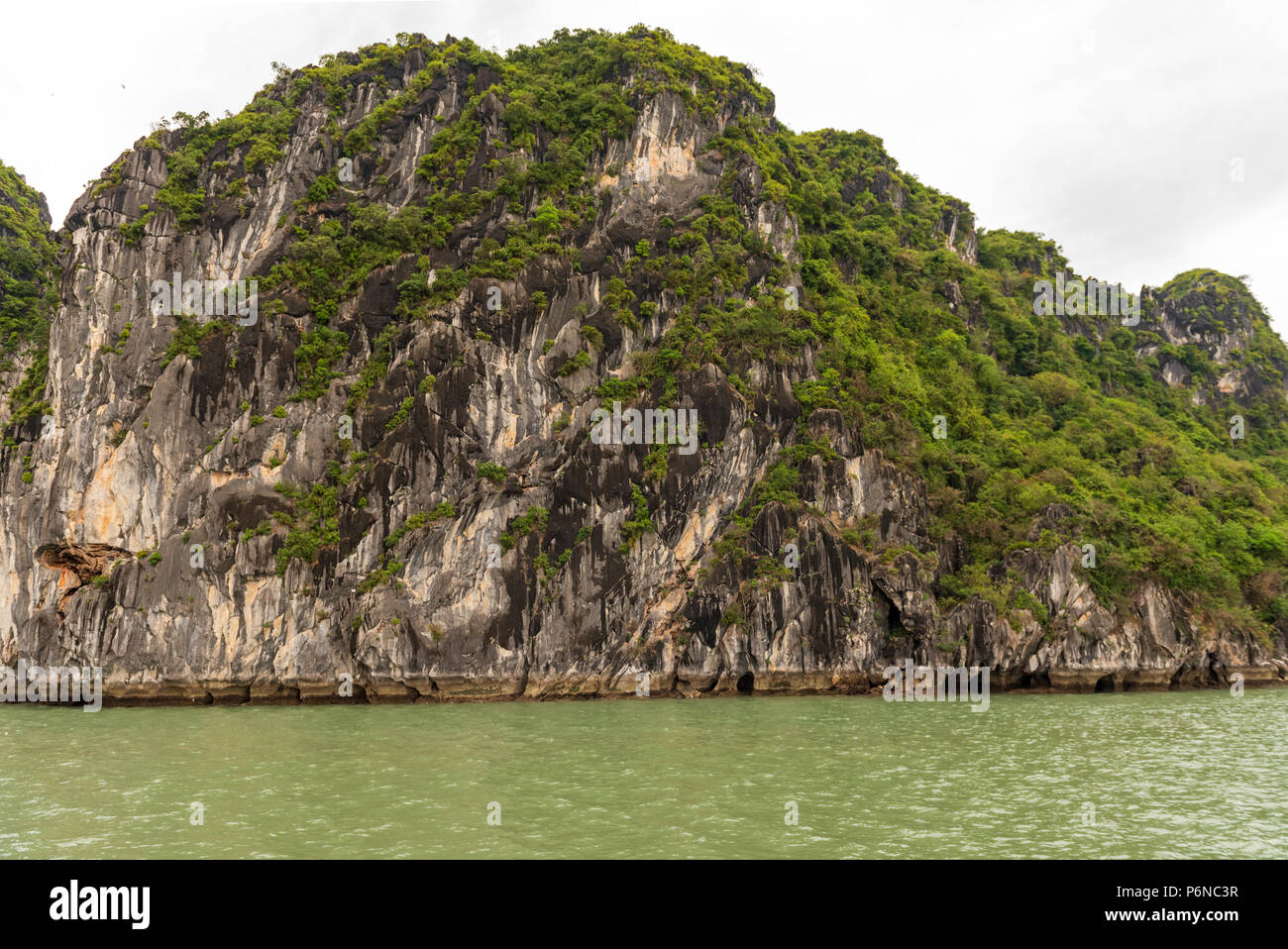 Un grande pezzo di drammatica di una formazione rocciosa nella baia di Halong, Vietnam. Foto Stock