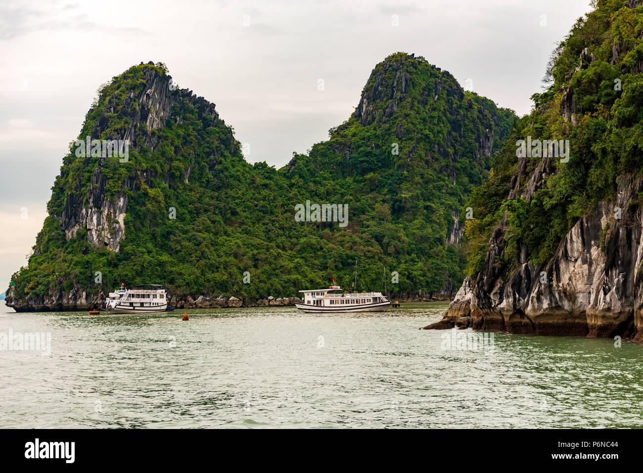 Tour di barche sulla baia di Halong navigare passato grandi formazioni rocciose. Foto Stock