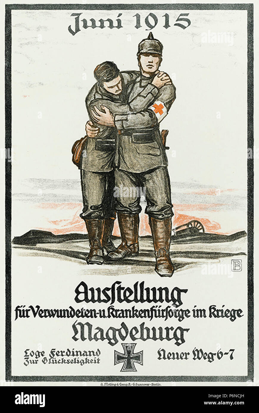 1915-06 Ausstellung Verwundeten- und Krankenfürsorge Erster Weltkrieg Magdeburg Freimaurerloge Ferdinando zur Glückseligkeit Peter Behrens A. Molling & Comp. Hannover Berlino. Foto Stock