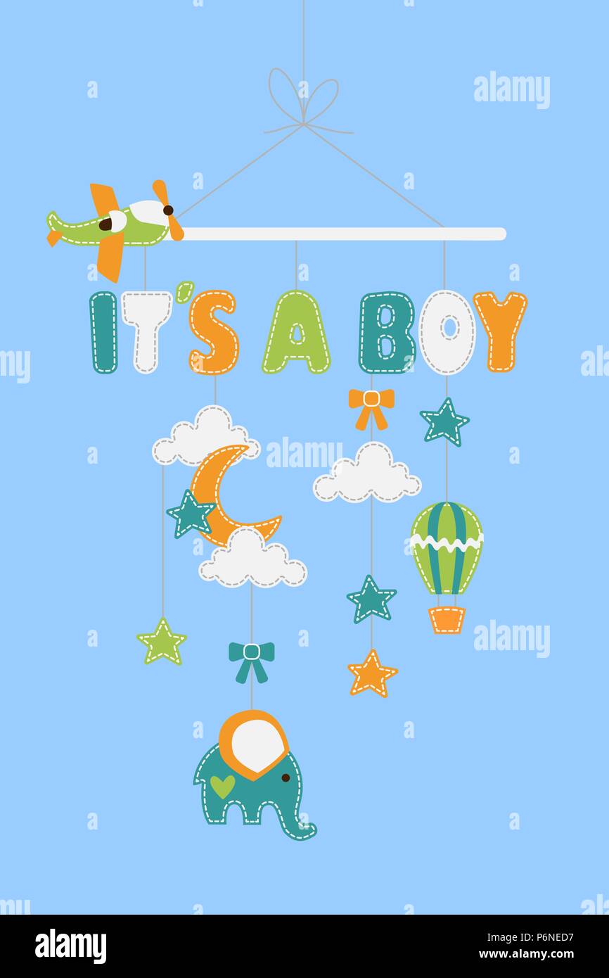 Il suo un ragazzo - baby decorazione con stelle aeroplani elephant palloncino appeso sulla filettatura Illustrazione Vettoriale