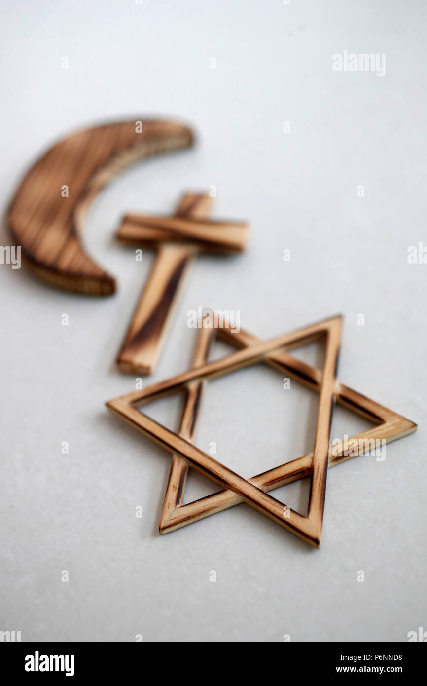 Il cristianesimo, islam ebraismo 3 religioni monoteiste. Stella ebraica, Croce e Crescent : simboli interreligioso. Foto Stock