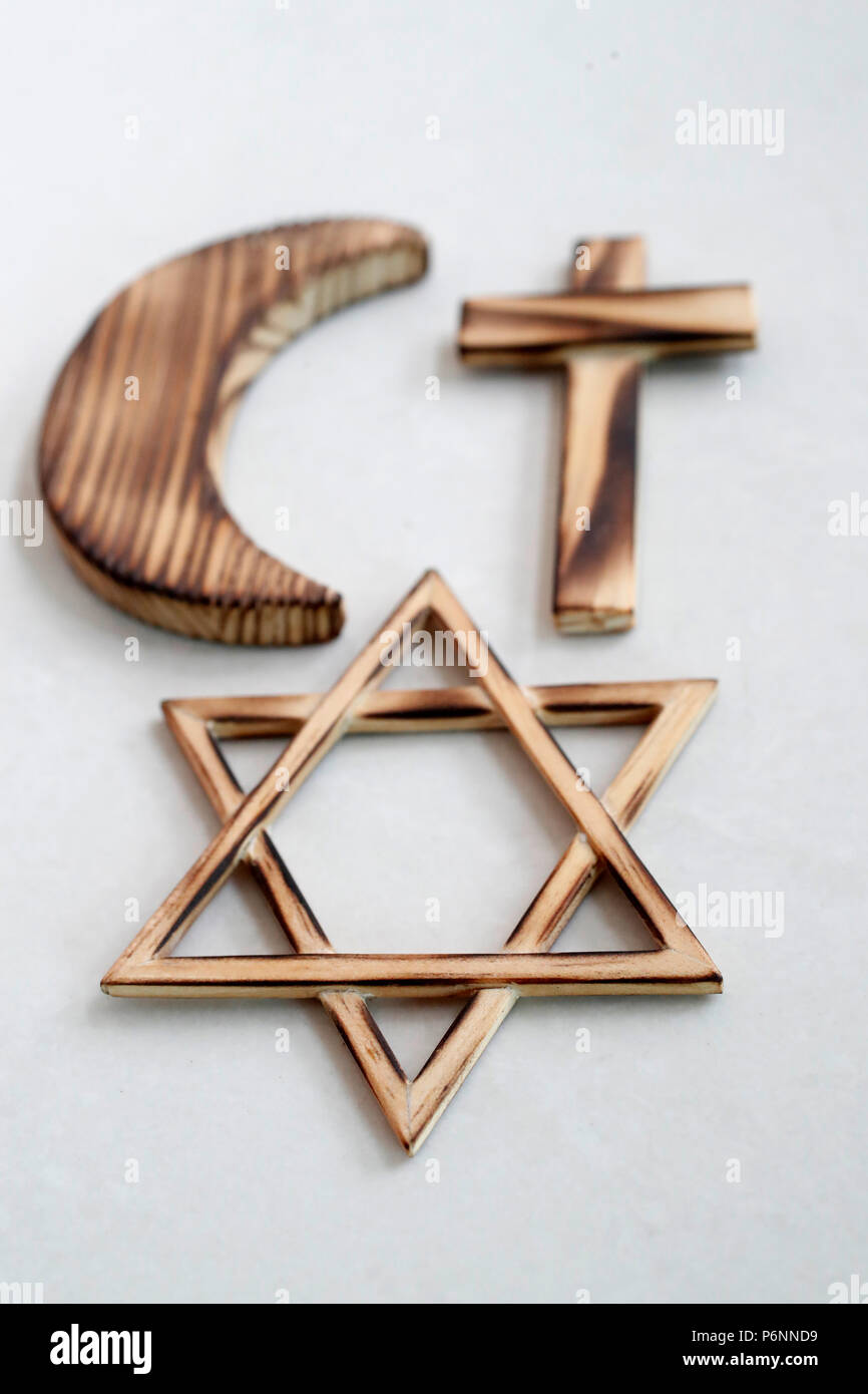 Il cristianesimo, islam ebraismo 3 religioni monoteiste. Stella ebraica, Croce e Crescent : simboli interreligioso. Foto Stock