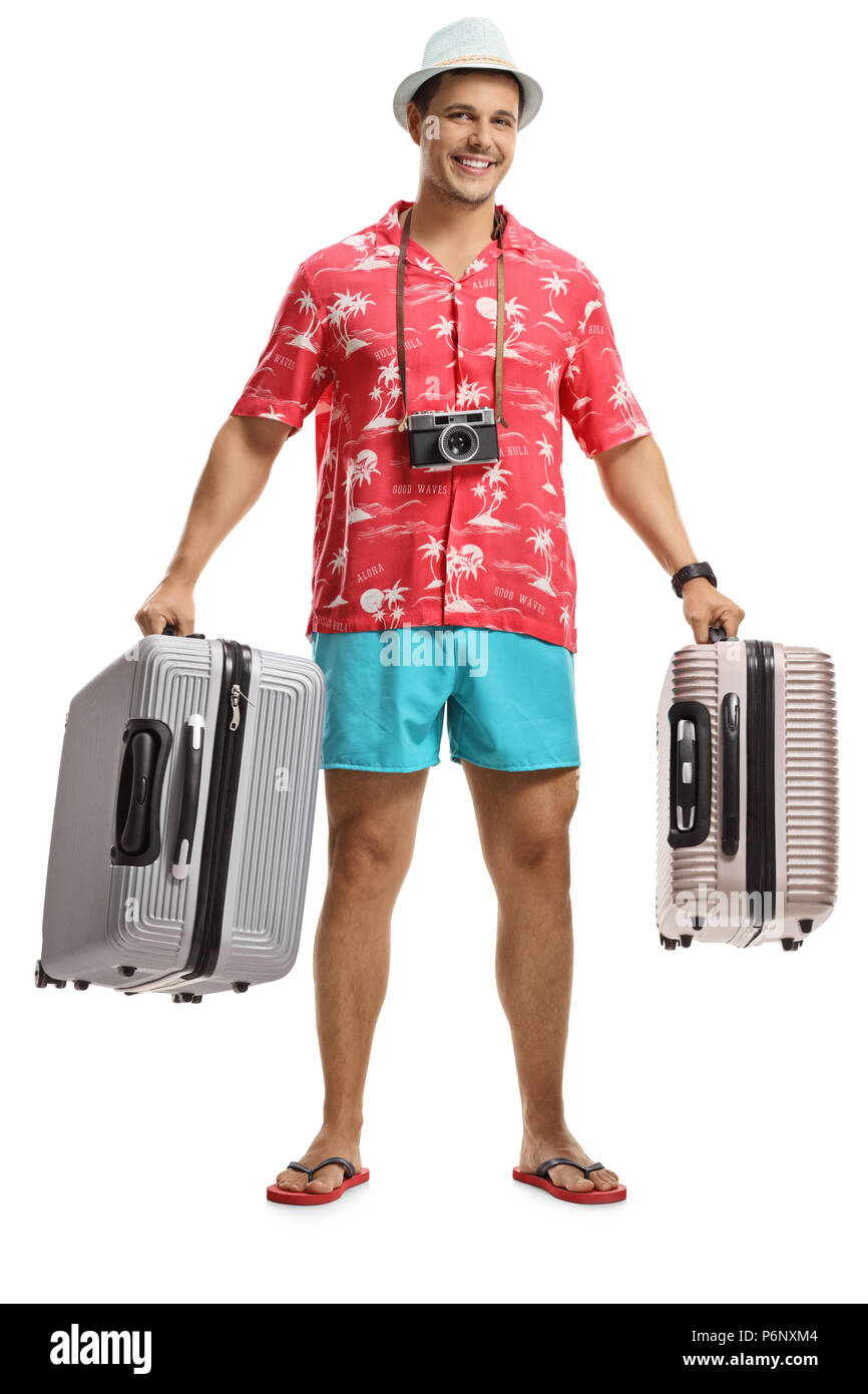 A piena lunghezza Ritratto di un turista con le valigie isolati su sfondo bianco Foto Stock
