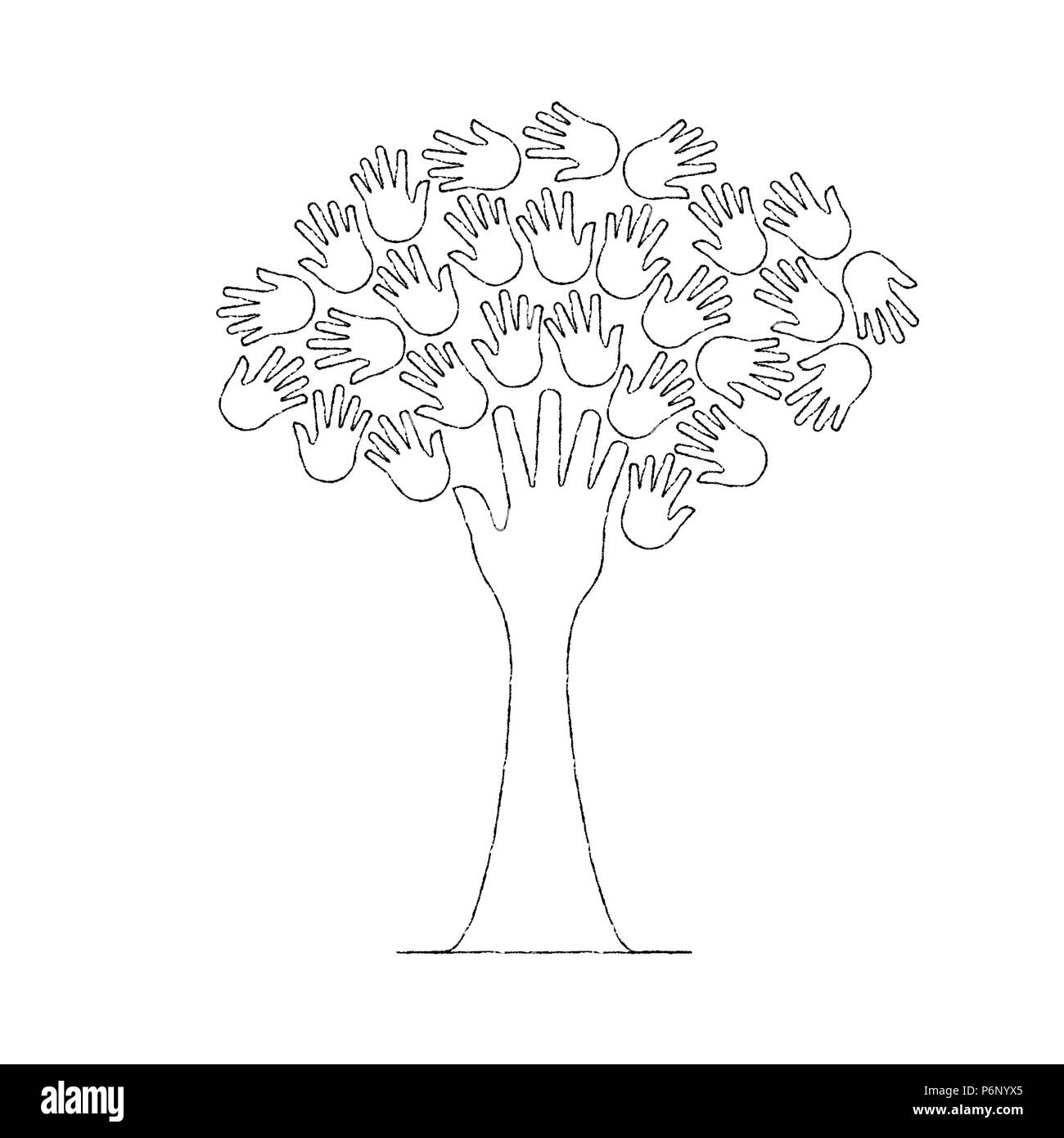 Albero realizzato in stile contorno mani umane. Aiuto comunitario di un concetto o di un progetto sociale. EPS10 vettore. Illustrazione Vettoriale