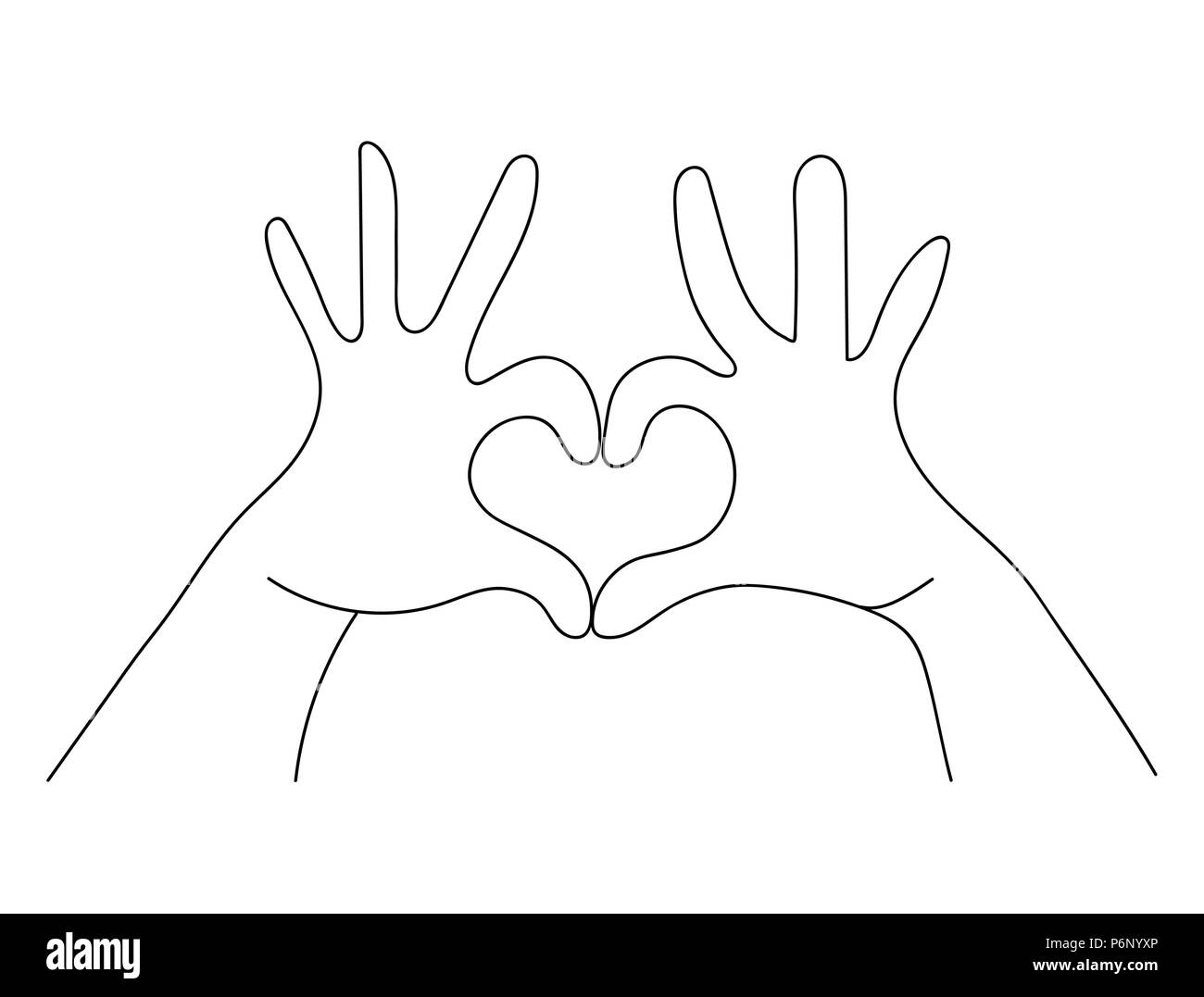 Mani messa a forma di cuore il concetto di segno in semplice stile contorno, scarabocchio di mano umana che mostra l'amore. EPS10 vettore. Illustrazione Vettoriale