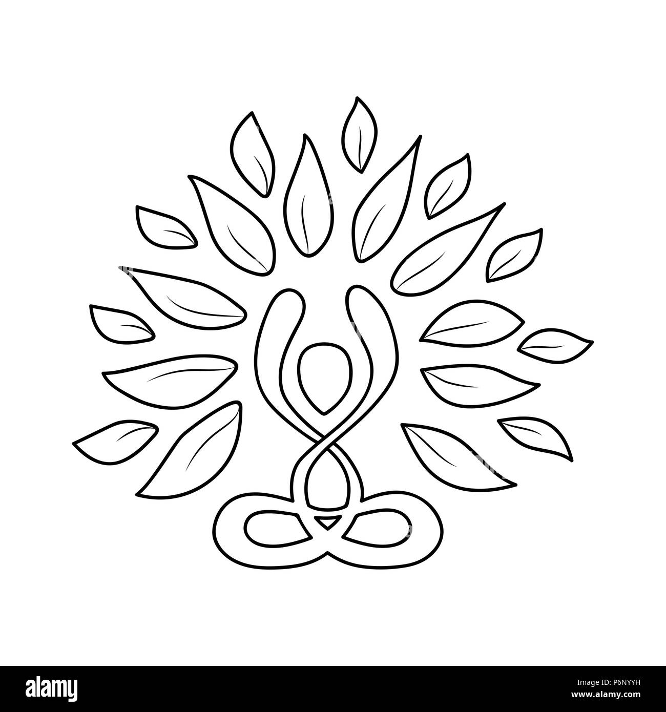 Abstract il concetto di yoga illustrazione in stile contorno, persona facendo lotus pongono la meditazione con foglie di colore verde per la natura della connessione. EPS10 vettore. Illustrazione Vettoriale