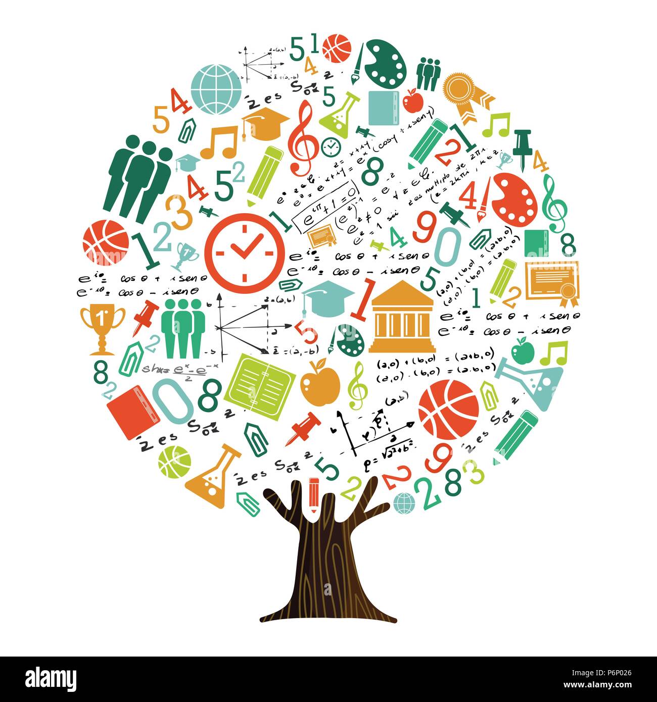 Tree fatta di highschool oggetto icone e simboli, educazione globale del concetto. Illustrazione didattica per il ritorno a scuola o corso online. EPS10 vecto Illustrazione Vettoriale