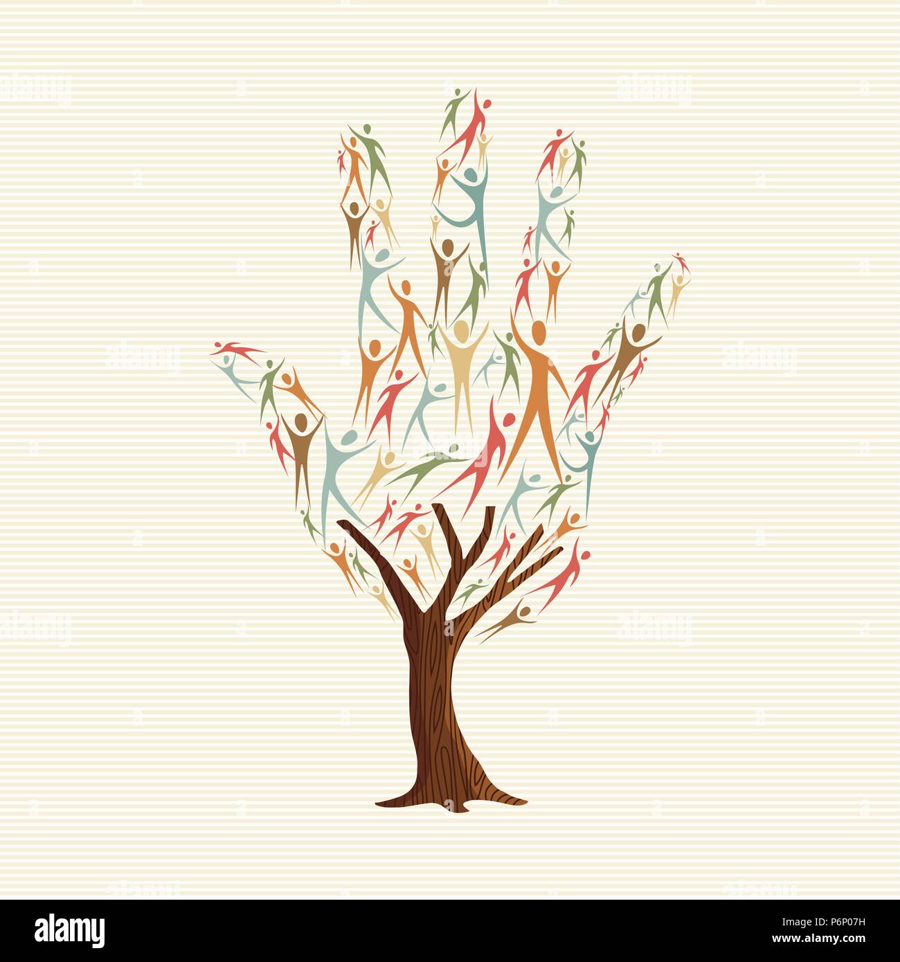 Lato albero di forma fatta di persone colorate sagome. Comunità aiuto concetto, cultura varia di gruppo o progetto sociale. EPS10 vettore. Illustrazione Vettoriale