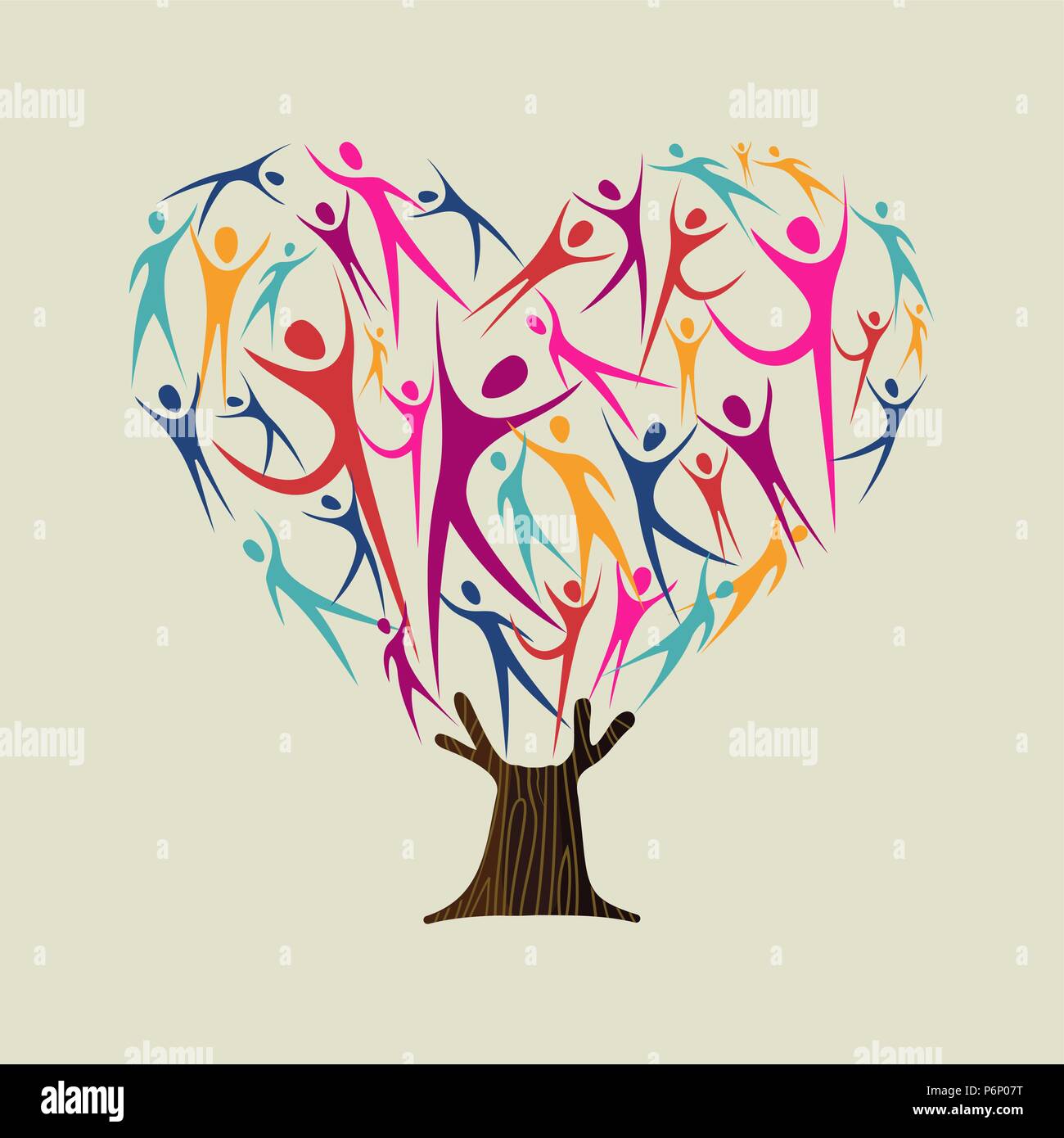 Forma di cuore tree fatta di persone colorate sagome. Comunità aiuto concetto, cultura varia di gruppo o progetto sociale. EPS10 vettore. Illustrazione Vettoriale