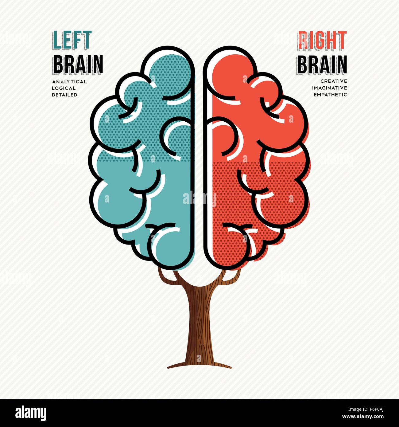 Concetto illustrazione del cervello umano semisfere con informazioni sulla sinistra e destra cervelli in una moderna linea piatta stile d'arte. EPS10 vettore. Illustrazione Vettoriale