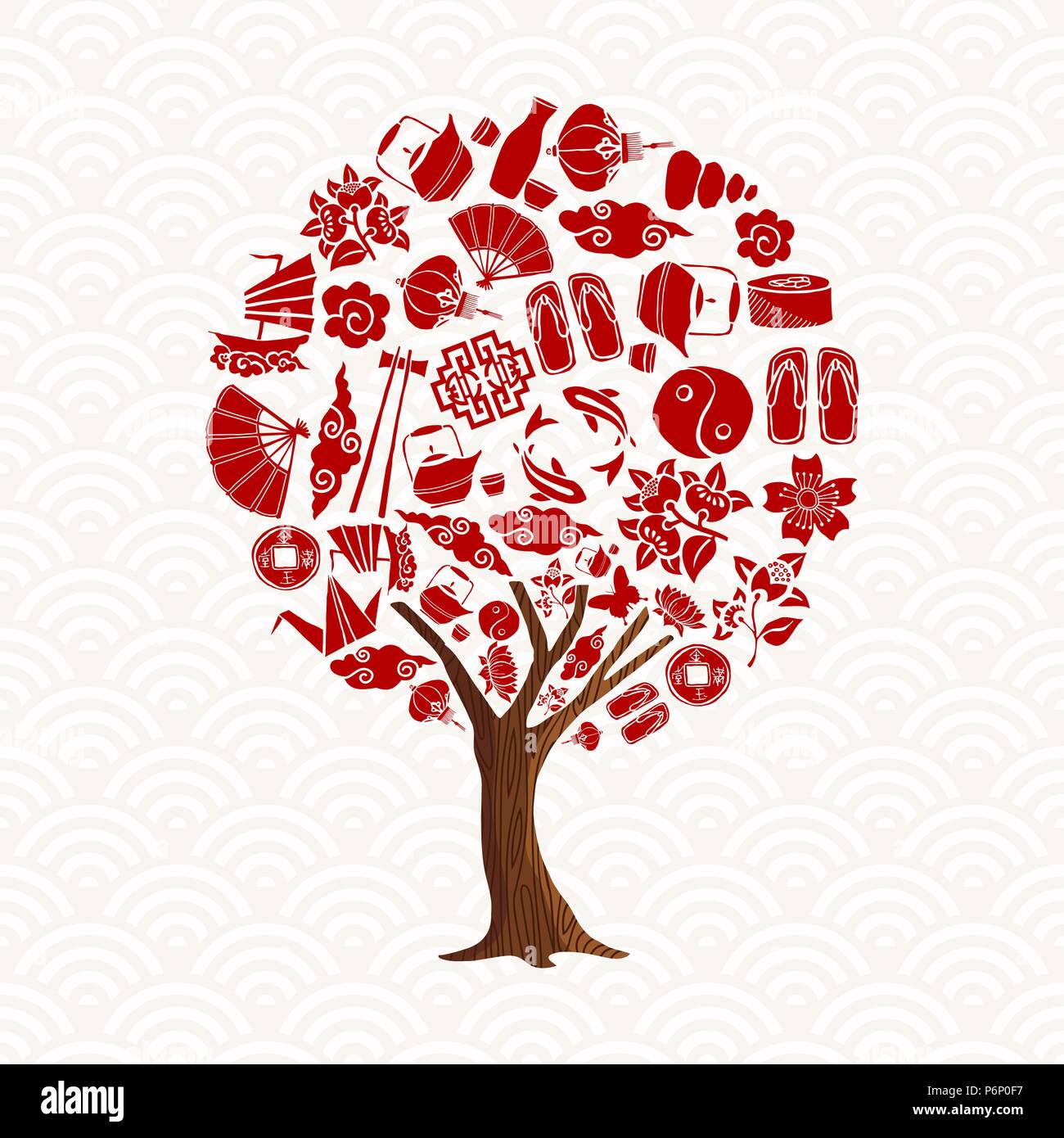 Cultura Asiatica concetto albero illustrazione. Cinese tradizionale icon set con fiore di loto, pesci koi, ying yang simbolo in colore rosso. EPS10 vettore. Illustrazione Vettoriale
