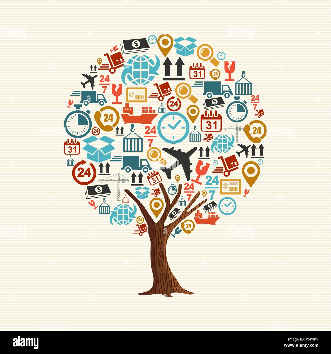 Albero fatto di consegna spedizione icon set. La logistica del trasporto merci include i concetti di piano, camion, nave e i simboli del pacchetto. EPS10 vettore. Illustrazione Vettoriale
