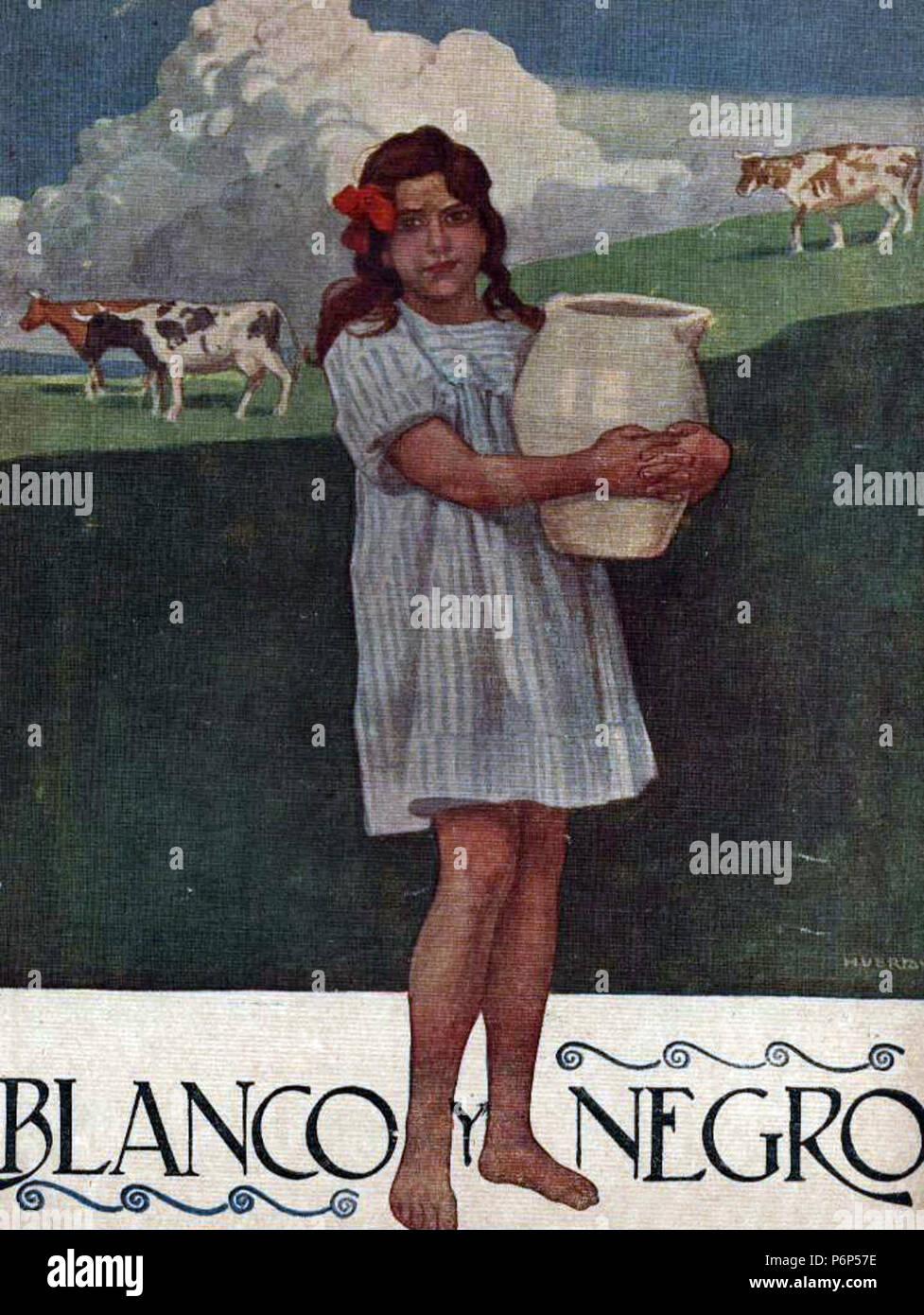 1920-09-19, Blanco y Negro, la Niña con cántaro de leche y vacas, Huertas. Foto Stock