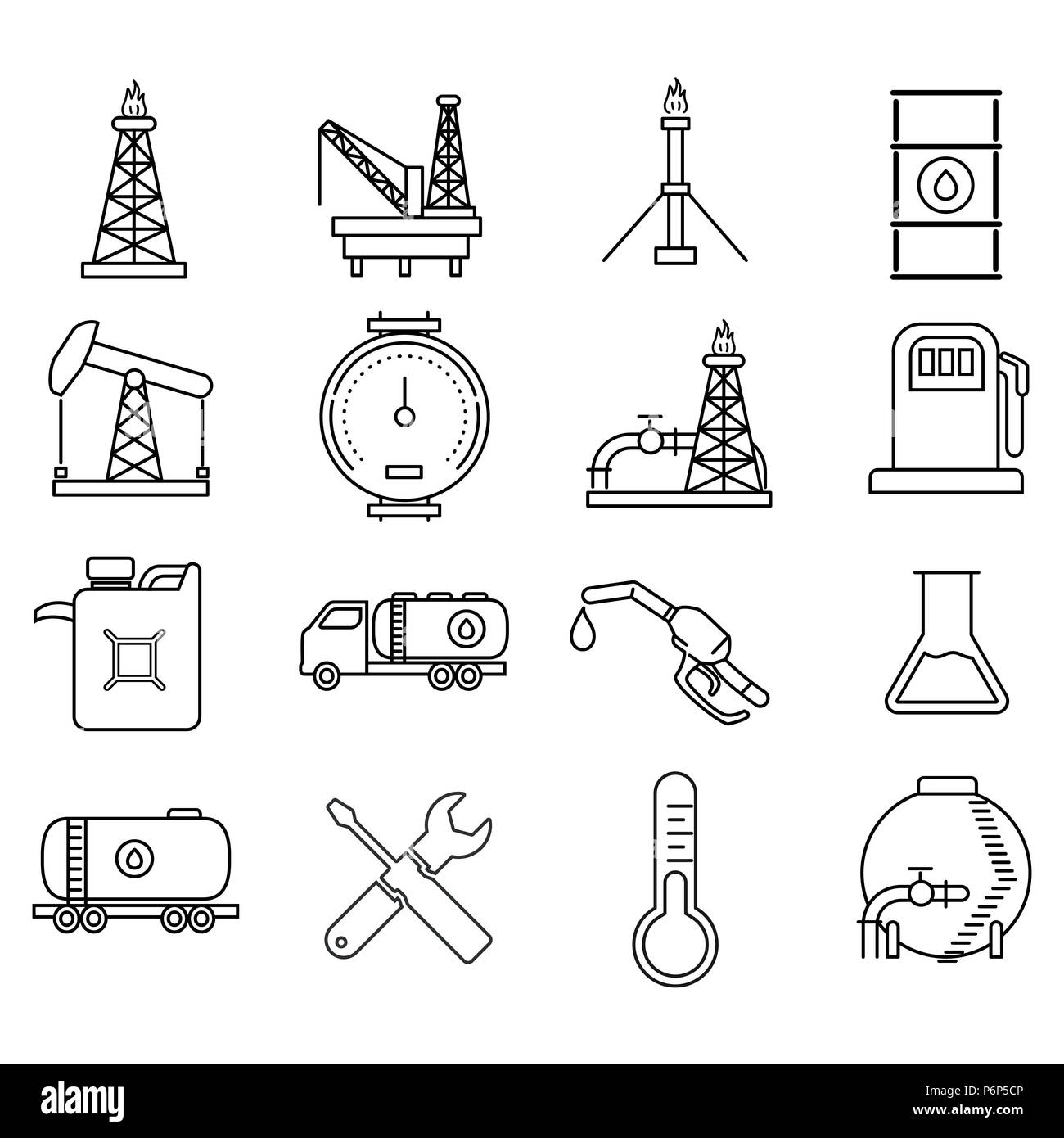Petrolio e risorse energetiche di set di icone. Sottile e piatto le icone della linea design di stile moderno isolato su sfondo bianco - Vettore design iconico. Illustrazione Vettoriale