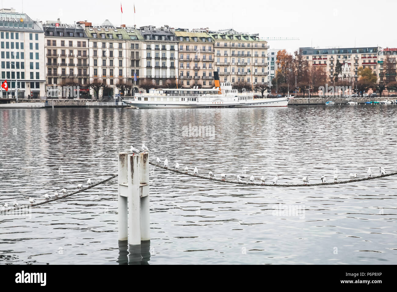Ginevra, Svizzera - 26 Novembre 2016: Bianco piccola nave passeggeri ormeggiate vicino al lago di Ginevra coast Foto Stock