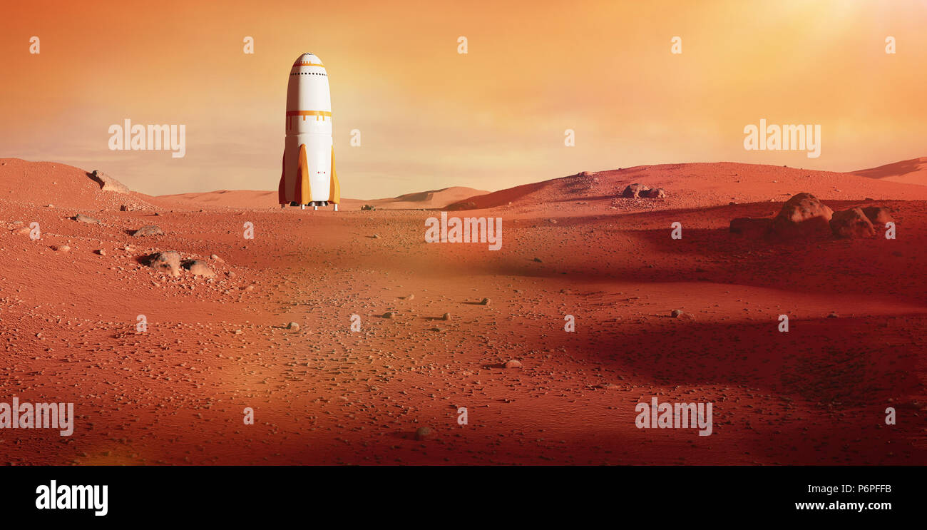Paesaggio sul pianeta Marte, astronave atterraggio sul pianeta rosso (spazio 3d'illustrazione) Foto Stock