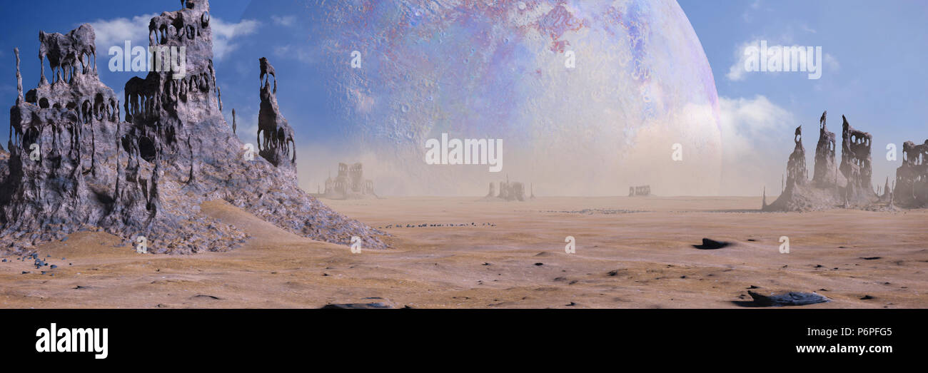 Pianeta alieno paesaggio con strane formazioni rocciose (3d illustrazione banner) Foto Stock