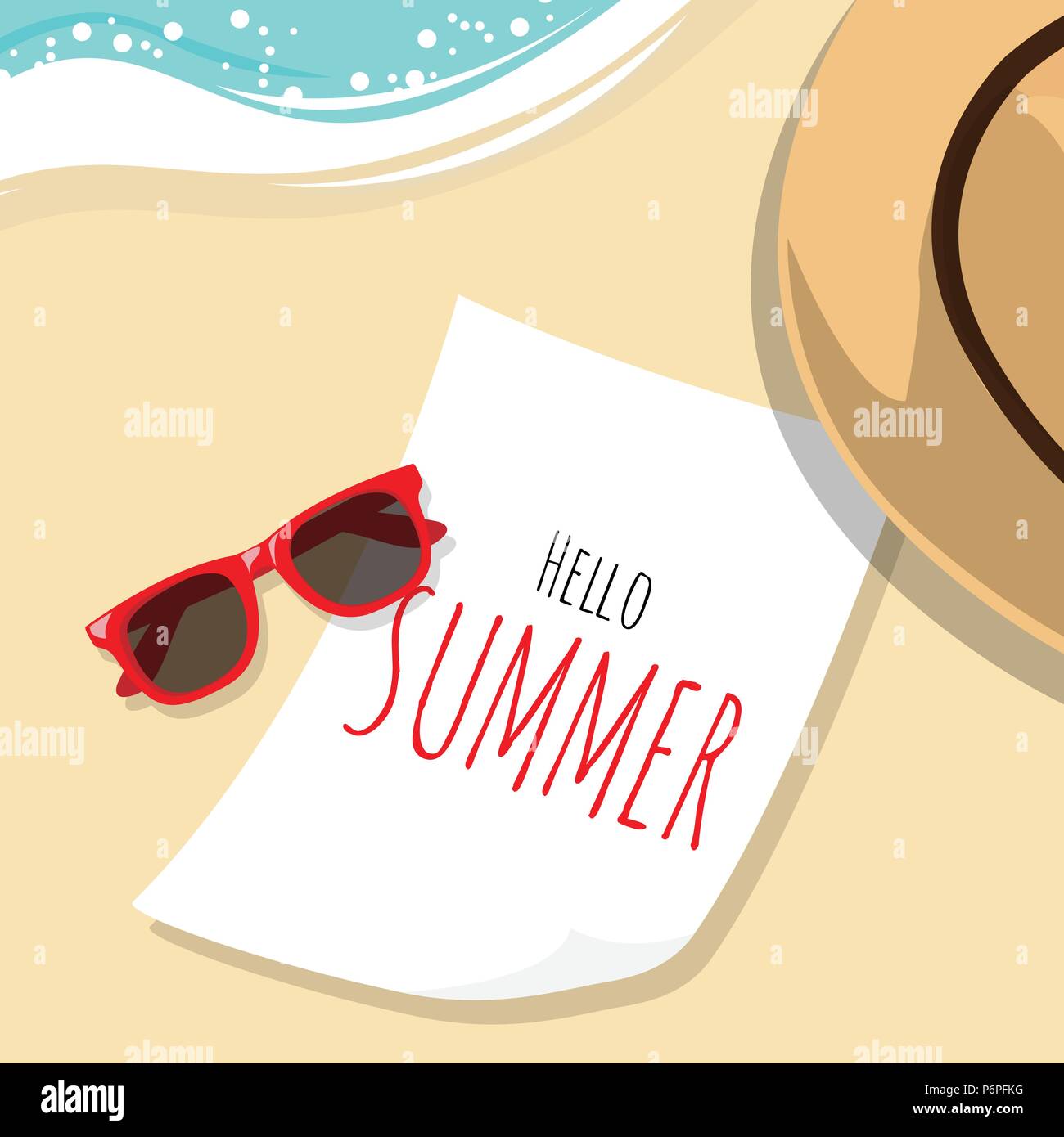 Libro bianco con word ciao estate sulla spiaggia di sabbia bianca con occhiali da sole e cappello di moda come traveler's elementi accessori con onda morbida dall'oceano s Illustrazione Vettoriale
