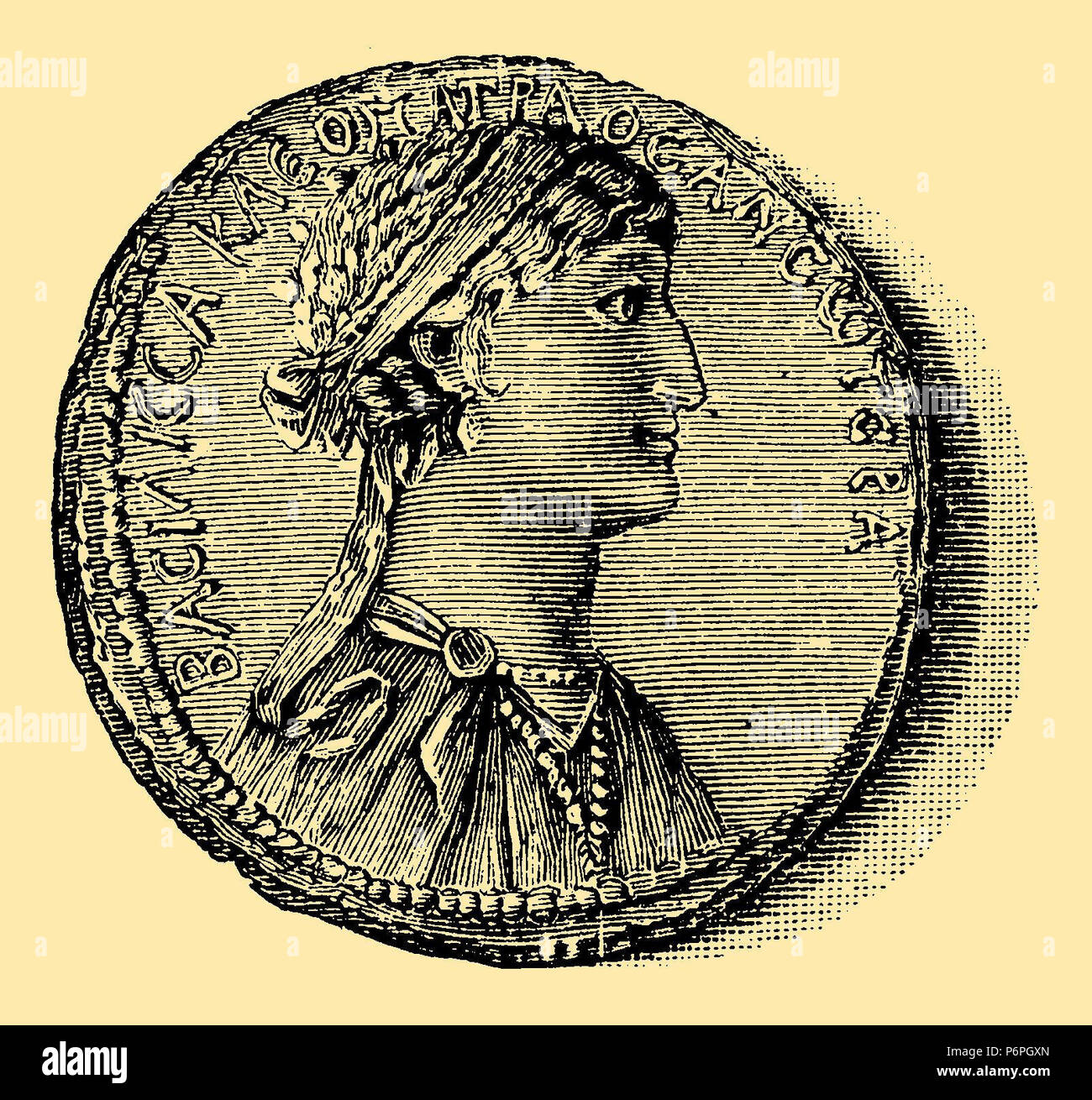 Cleopatra (69 BC - 30 BC). su una moneta d'argento, probabilmente stampigliato in Siria. Berlin Coin Cabinet. Il reverse contiene il ritratto di Antonius, 1899 Foto Stock