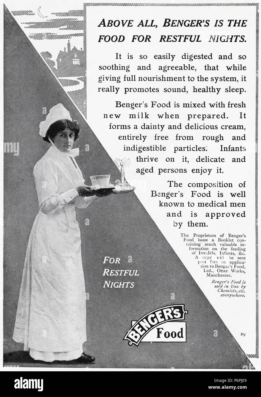 Nei primi anni del XX secolo vecchio vintage originale antique pubblicità pubblicità Benger del cibo nella rivista inglese circa 1910 Foto Stock