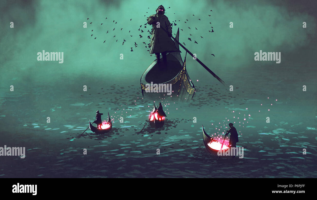 Uomini scuro con incandescente anime su una barca di soddisfare il Grim Reaper, arte digitale stile, illustrazione pittura Foto Stock