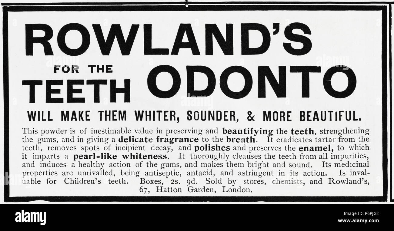 Nei primi anni del XX secolo vecchio vintage originali antichi annuncio pubblicitario di Rowland per i denti Odonto nella rivista inglese circa 1910 Foto Stock