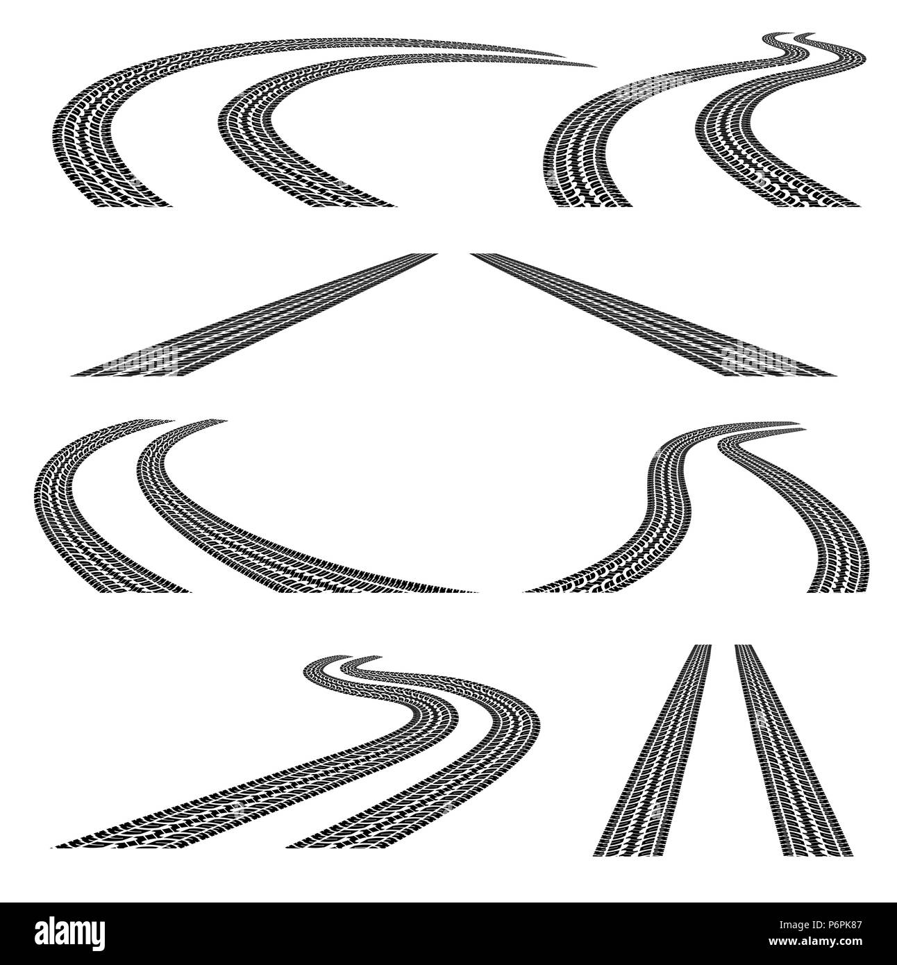 Set di strada con tracce di pneumatici.in bianco e nero.Maschera di ritaglio. Illustrazione Vettoriale