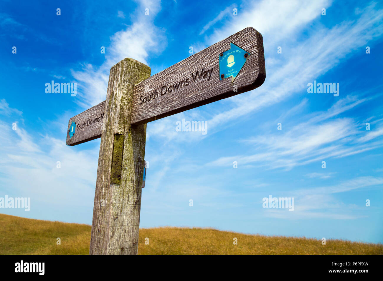 Escursionismo nel South Downs, South Downs modo direzione legno segno, REGNO UNITO Foto Stock