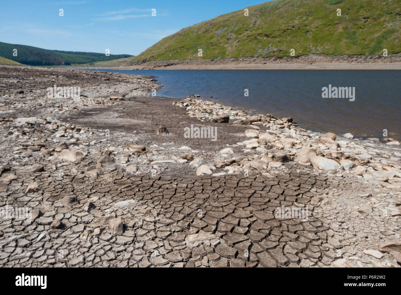 Nant y Moch, Ceredigion, Wales UK, 02 luglio 2018 UK Meteo: dopo un lunghissimo asciutto e caldo in quel periodo di tempo, il serbatoio a Nant y Moch, entroterra Aberystwyth è sceso drasticamente i livelli basso ultimo visto nella lunga estate calda di 1976. Già alcune proprietà locale di quasi il villaggio di Ponterwyd, , che traggono la loro acqua dai pozzi e molle, hanno visto i loro approvvigionamenti di acqua secca e scompaiono Photo credit Keith Morris / Alamy Live News Foto Stock