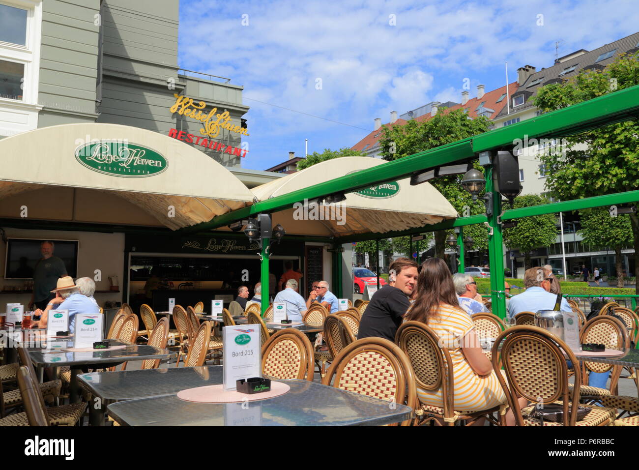 Ristorante esterno chiamato Logehaven, Wesselstuen, Bergen, Norvegia Foto Stock