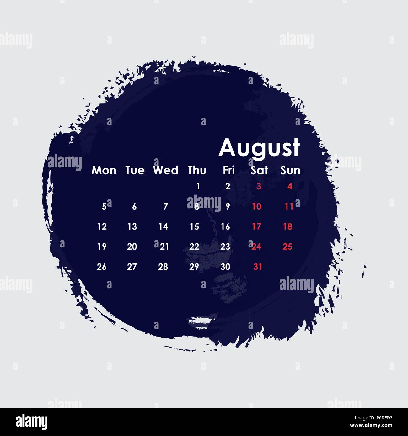 Agosto 2019 Calendario modello.inizia dal lunedì.illustrazione vettoriale. Illustrazione Vettoriale