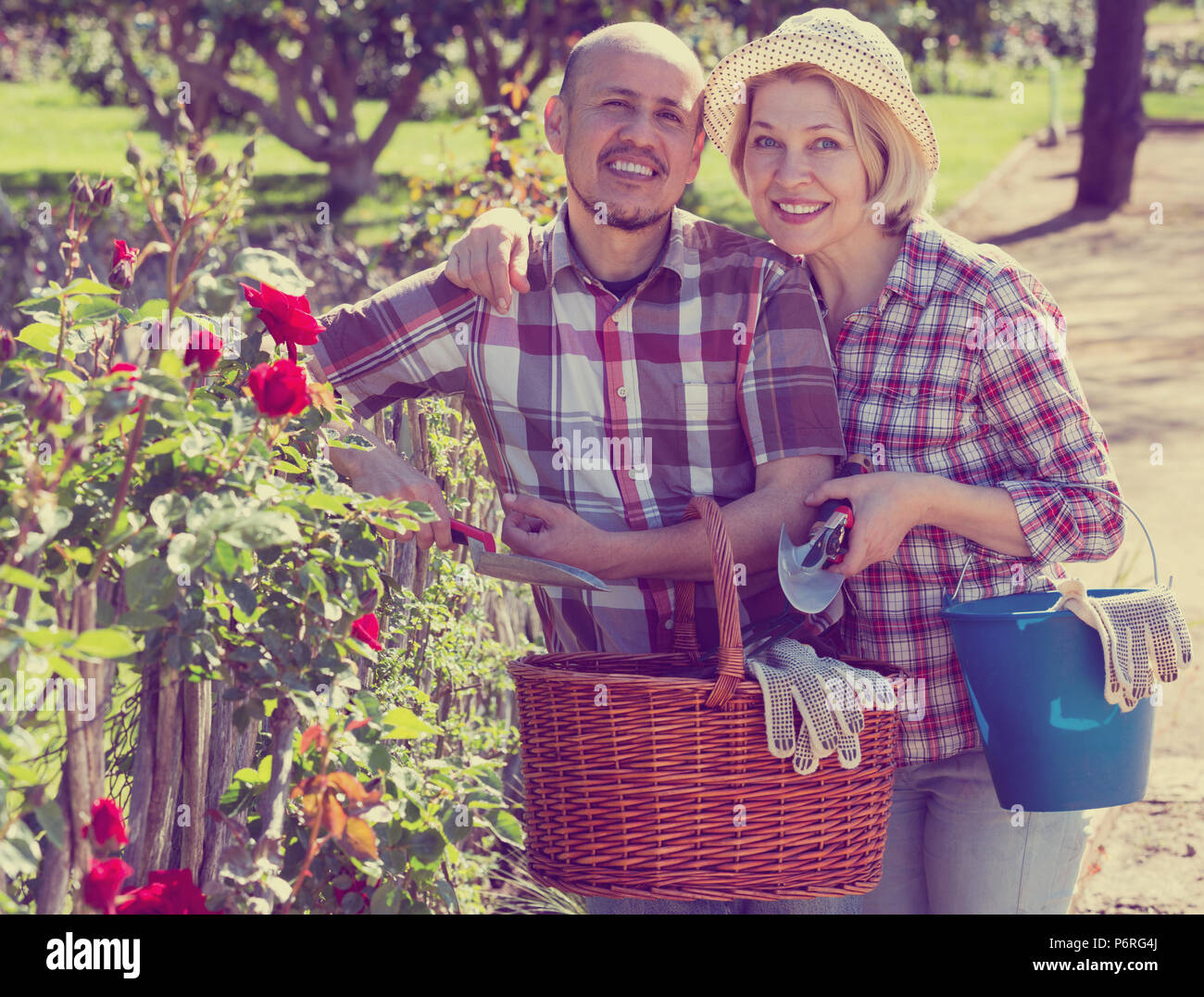 Affascinante senior coniugi cercando dopo i fiori nel giardino in una giornata di sole Foto Stock