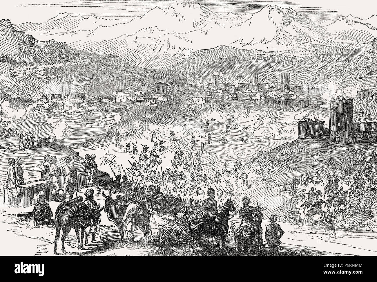Attacco a una città, scena dalla guerra Anglo-Zulu, 1879, dal British battaglie di terra e di mare, da James Grant Foto Stock